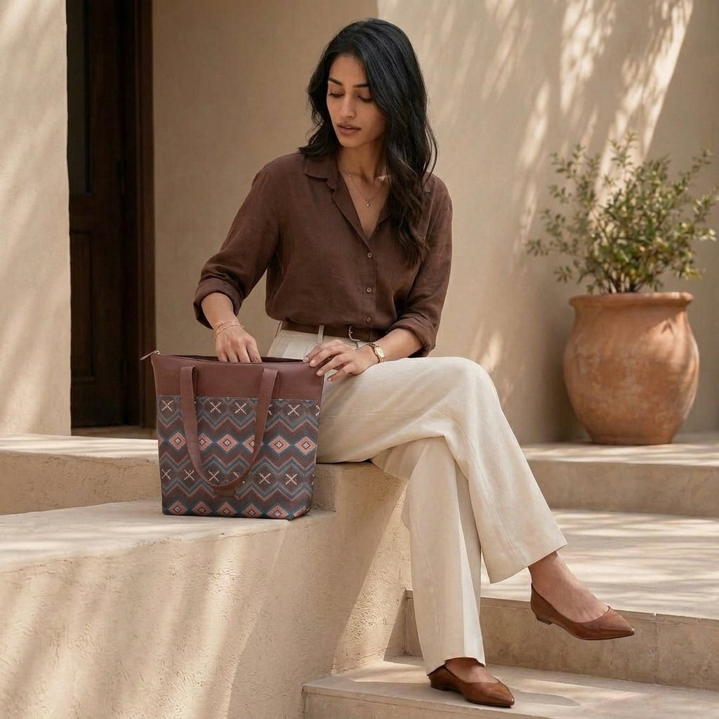 HandyJute Multicolor Geometric Print Tote Bag with Brown Handles for Women