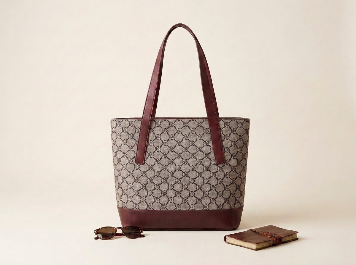 HandyJute Beige and Brown Mini Floral Pattern Tote Bag