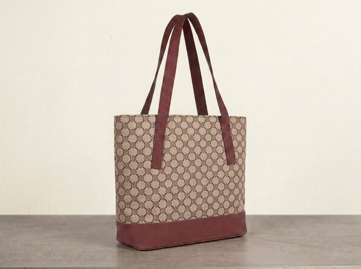 HandyJute Beige and Brown Mini Floral Pattern Tote Bag