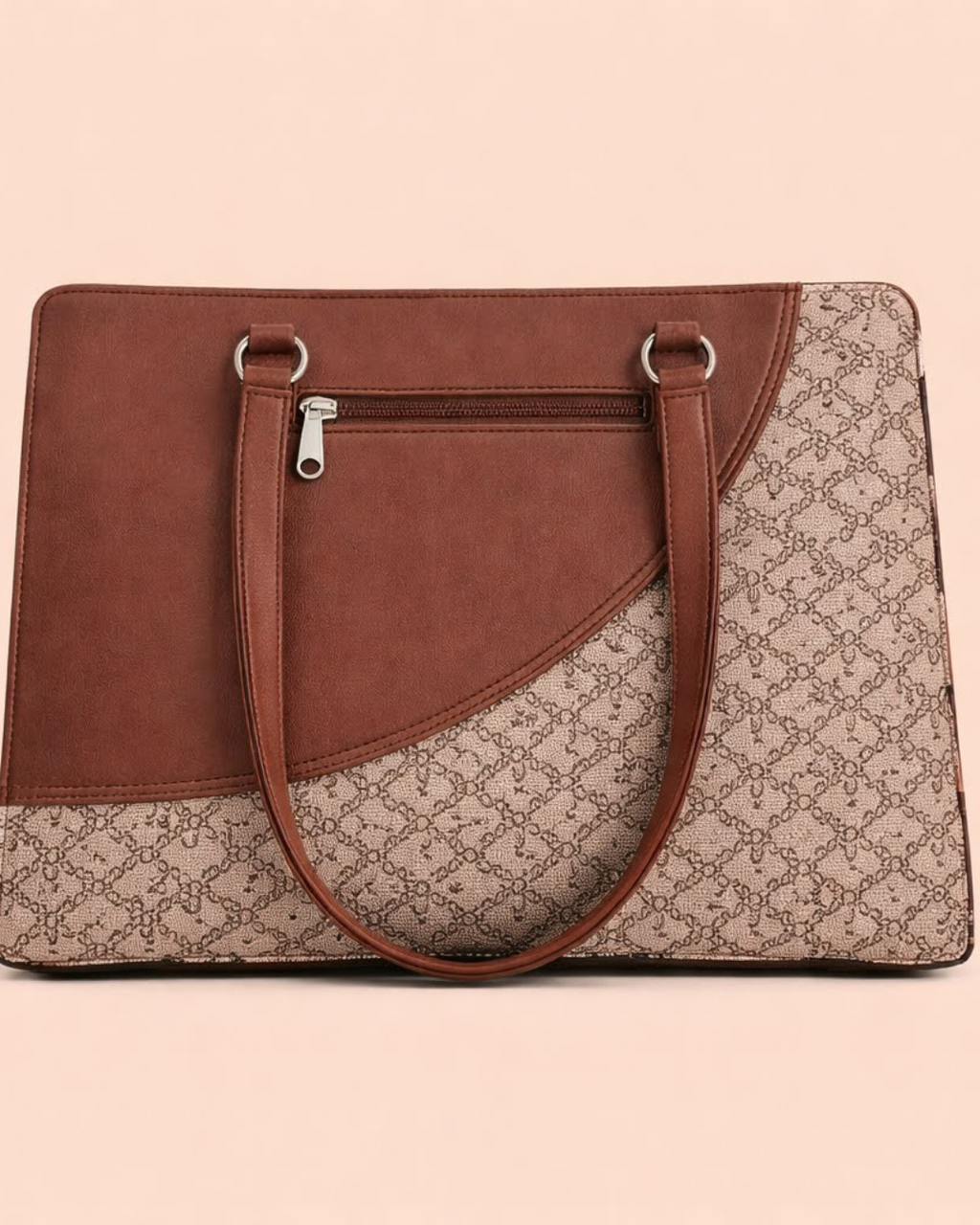 Brown and beige patterned handbag on a beige background