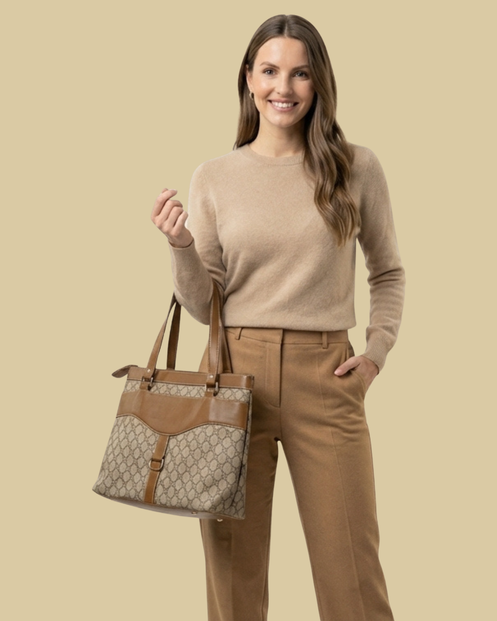 Woman holding a beige and brown handbag against a beige background
