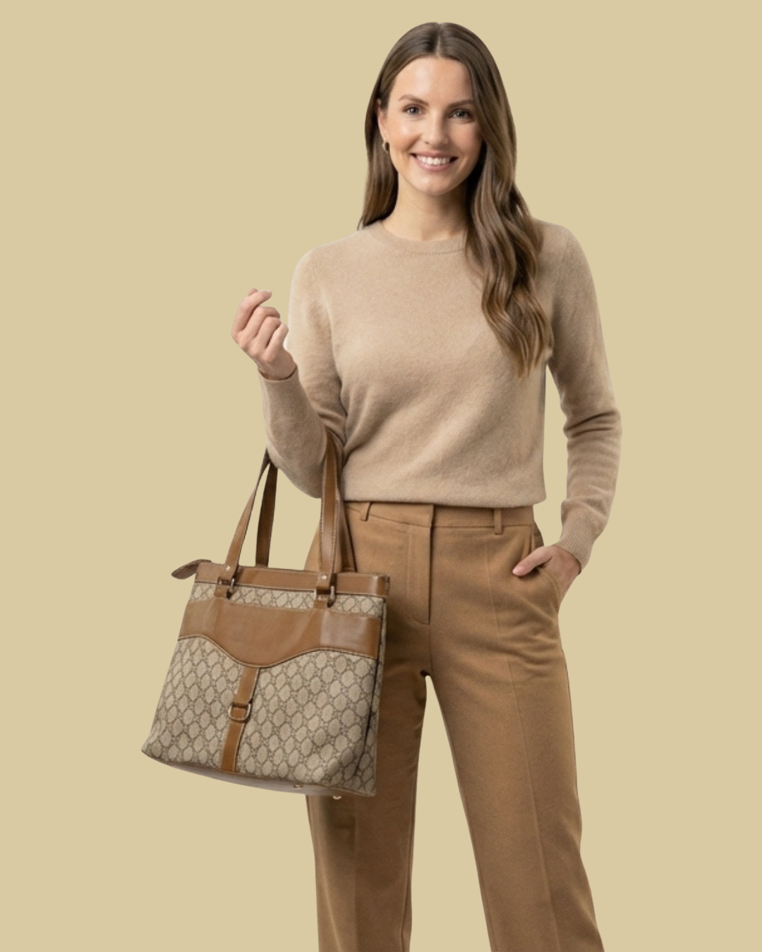 Woman holding a beige and brown handbag against a beige background