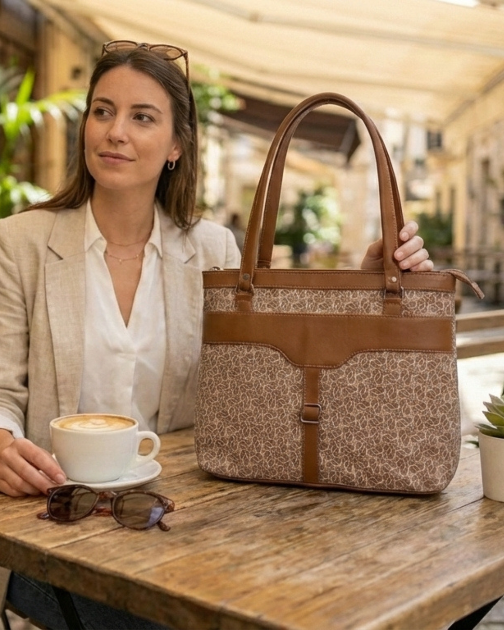 Woman sitting at a table with a patterned handbag and a cup of coffee.