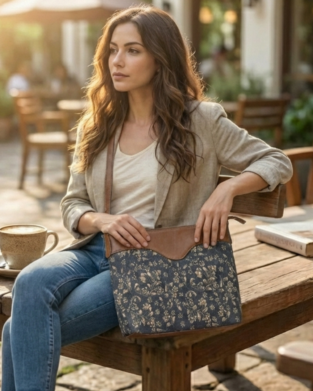 Woman sitting at an outdoor cafe holding a floral clutch bag.