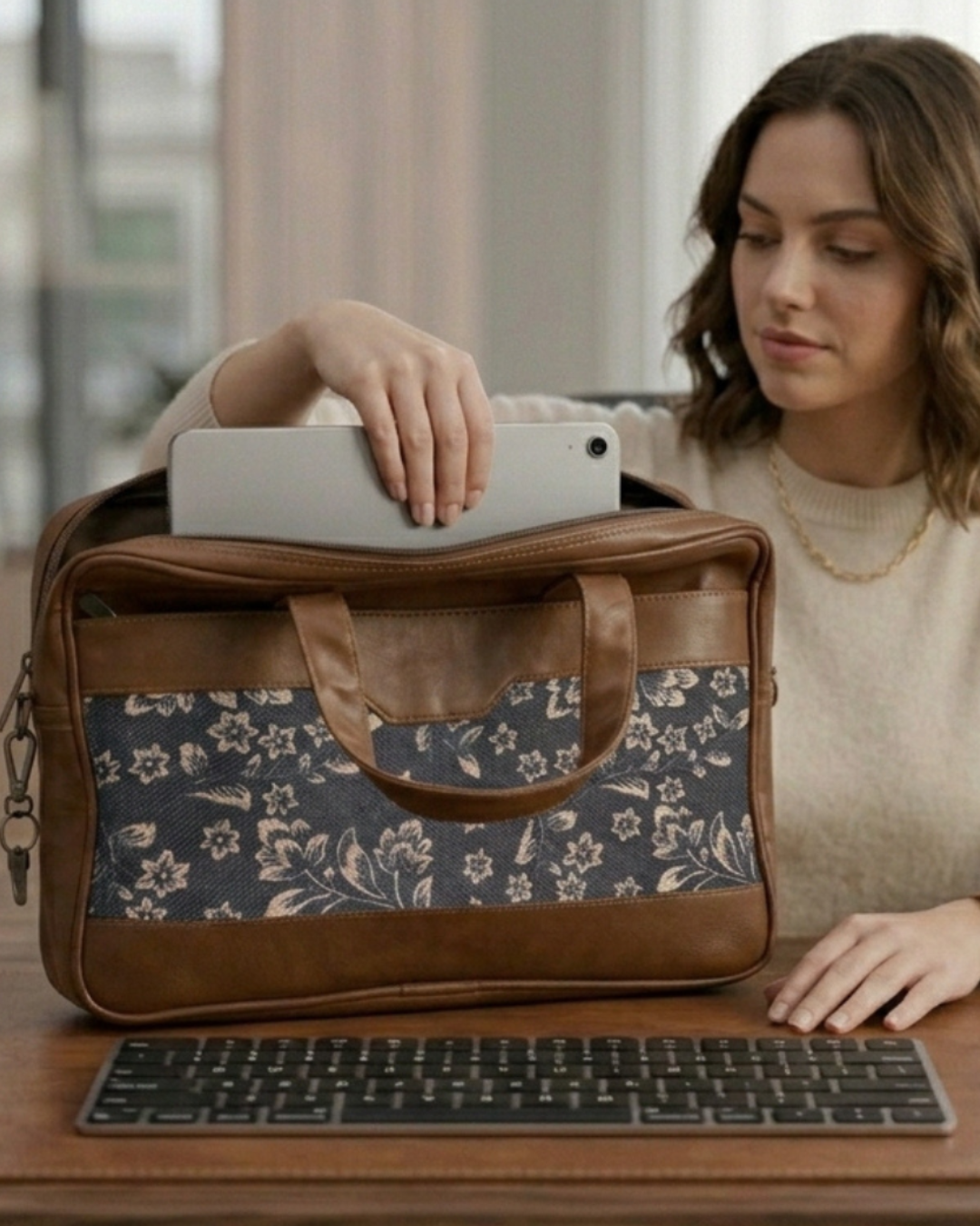 Woman using a laptop with a floral-patterned bag on a desk
