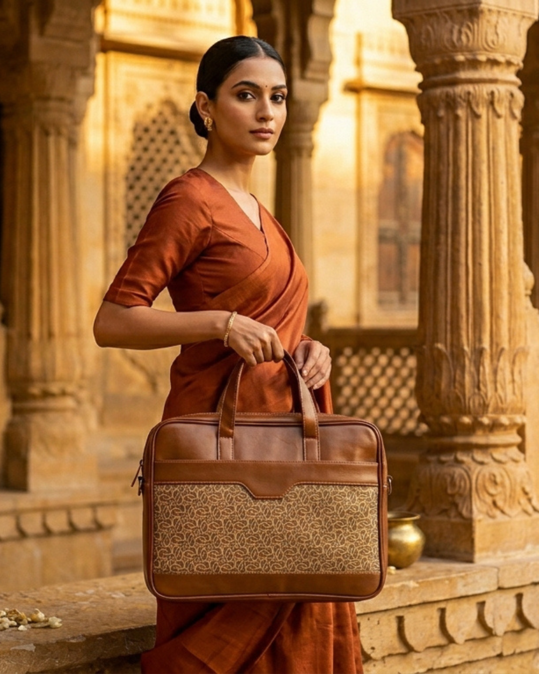 Beige Abstract Loop Women's Laptop Bag with Faux Leather Handles