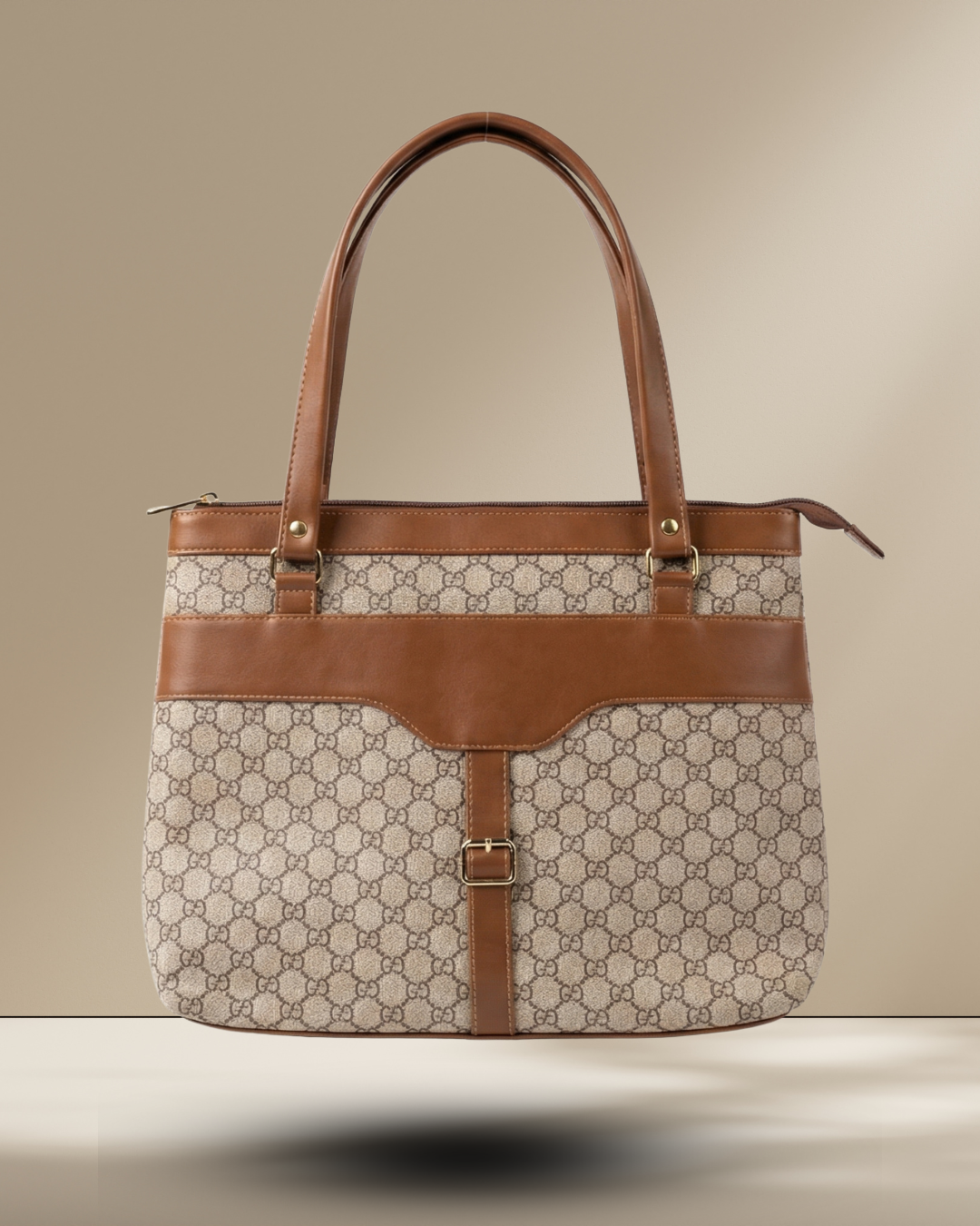 Brown and beige handbag with a patterned design on a neutral background