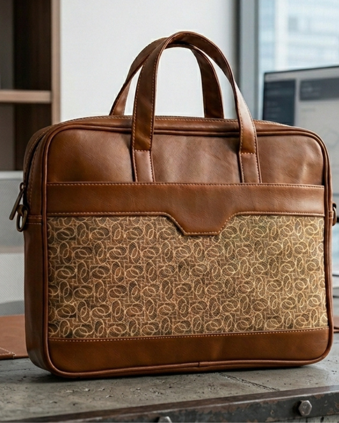 Brown leather briefcase with patterned front on a wooden surface