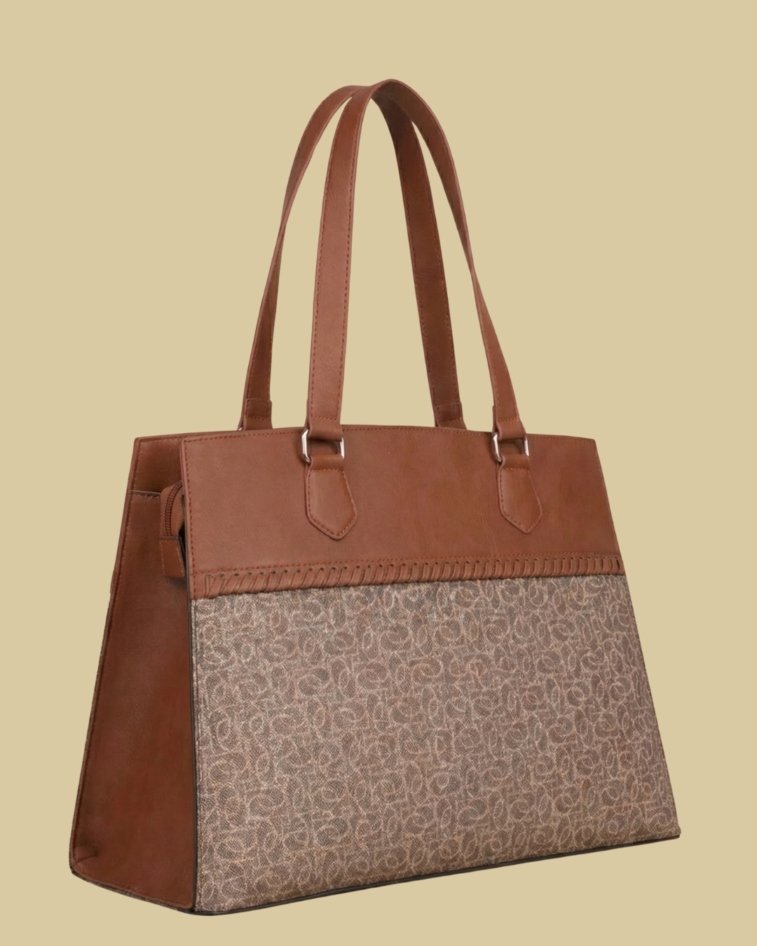 Brown and patterned tote bag on a beige background
