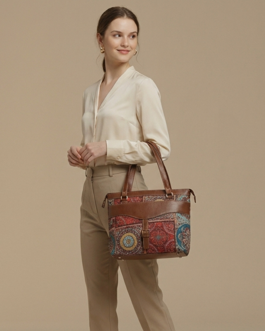 Woman holding a brown handbag with intricate patterns on a beige background