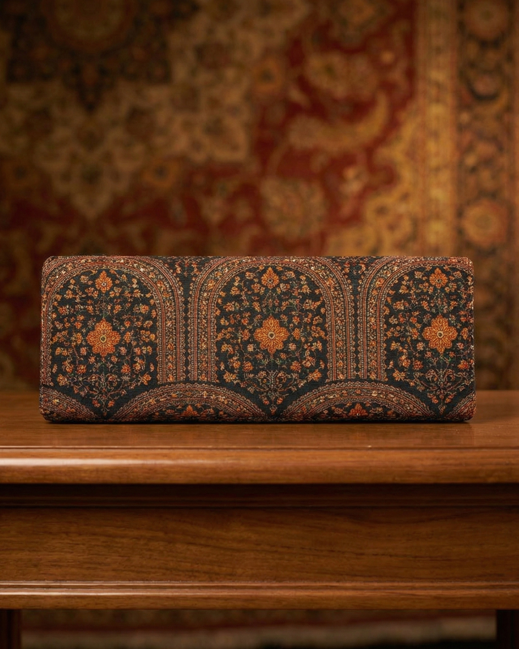 Decorative clutch with intricate patterns on a wooden surface