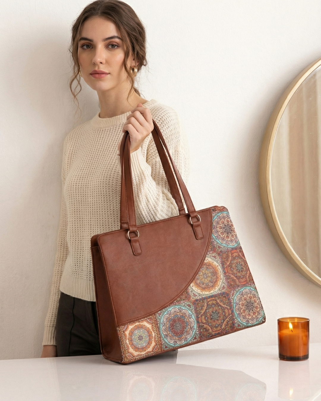 Woman holding a brown tote bag with decorative patterns on a neutral background
