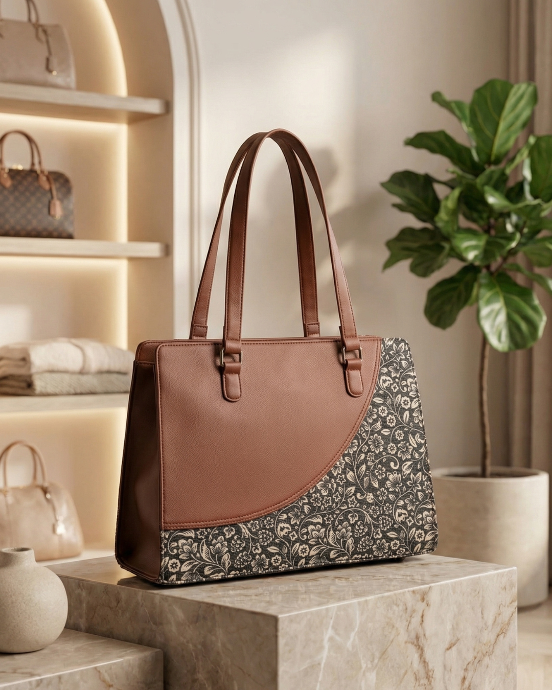 Brown handbag with floral pattern on a marble surface, with shelves and plant in the background.