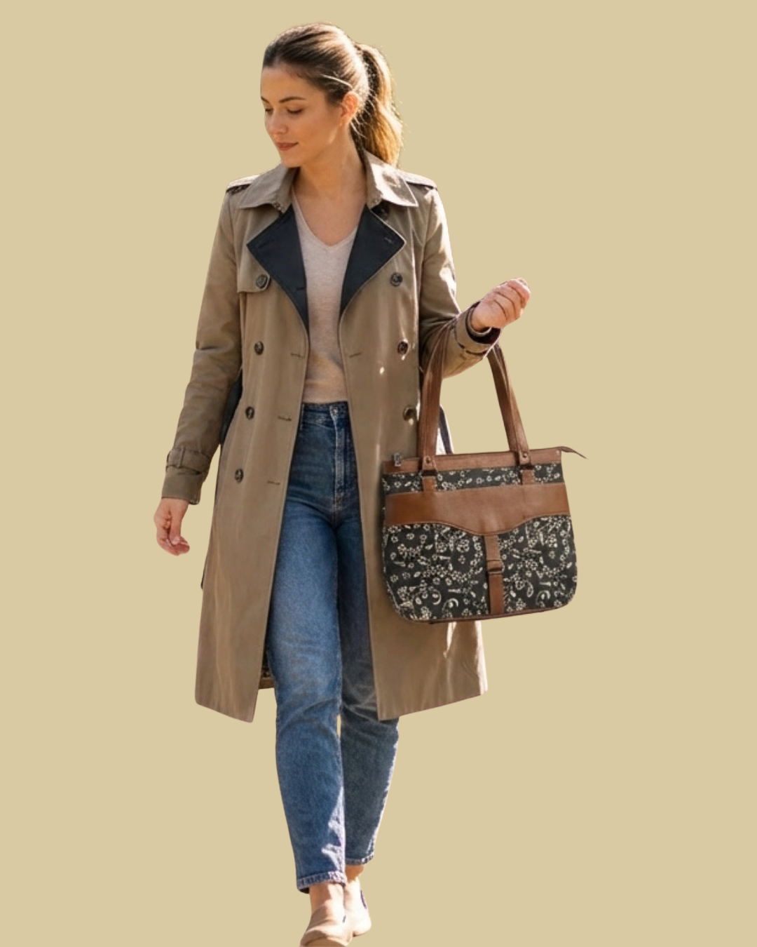 Woman in a trench coat holding a patterned handbag against a beige background