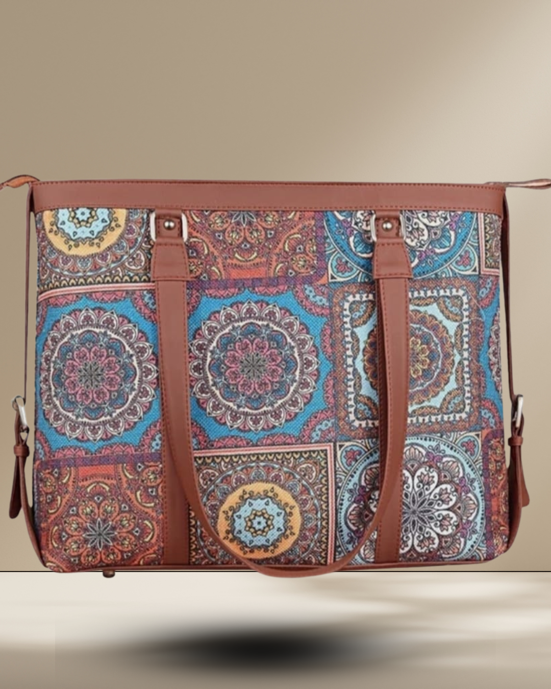 Patterned bag with brown straps on a beige background