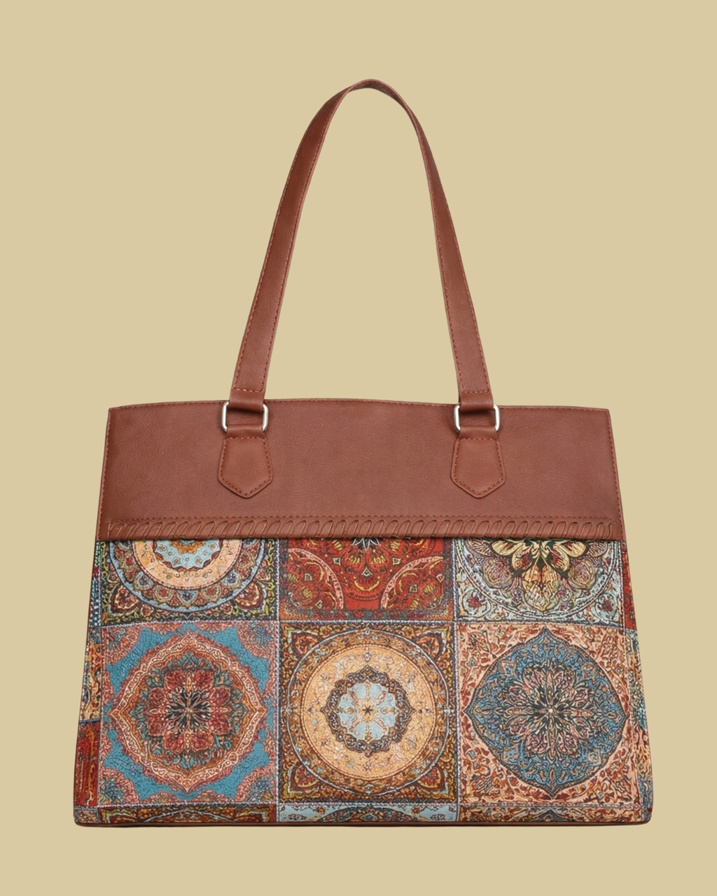 Tote bag with patterned bottom half and brown top half on a beige background