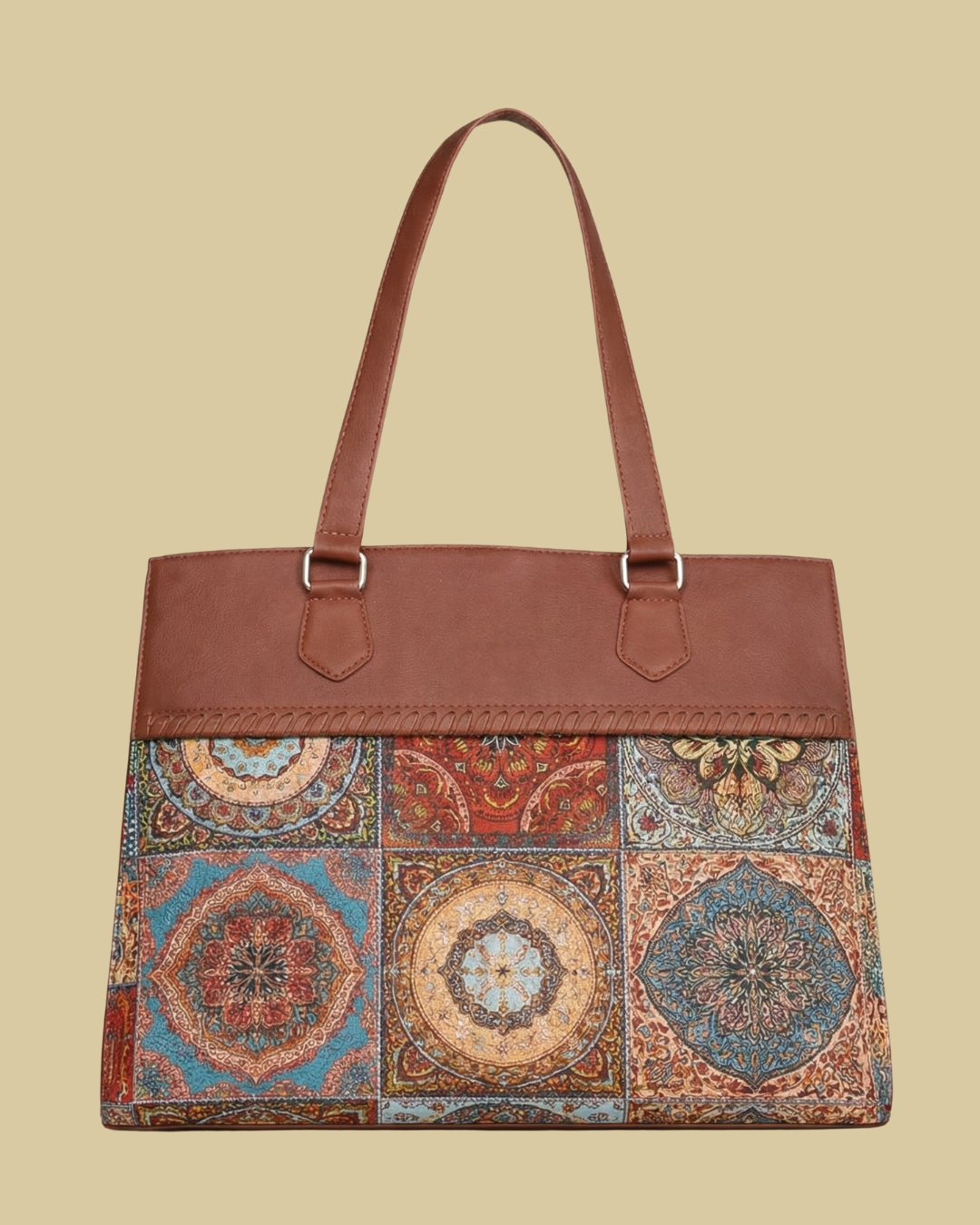 Tote bag with patterned bottom half and brown top half on a beige background