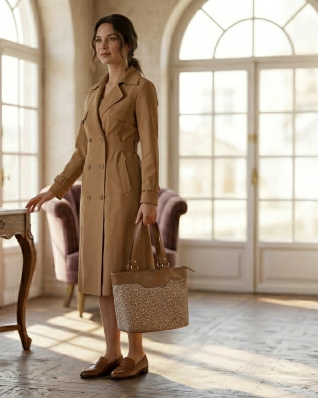 Woman in a beige trench coat holding a patterned handbag in a sunlit room.