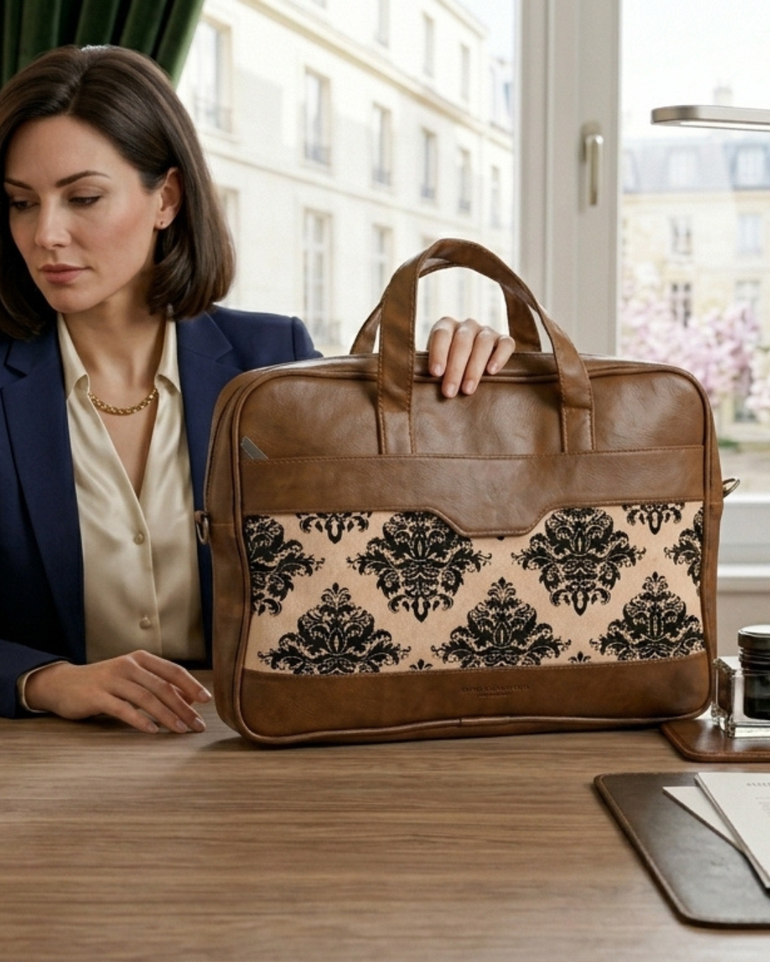 Woman sitting at a desk with a brown leather bag featuring black floral patterns.