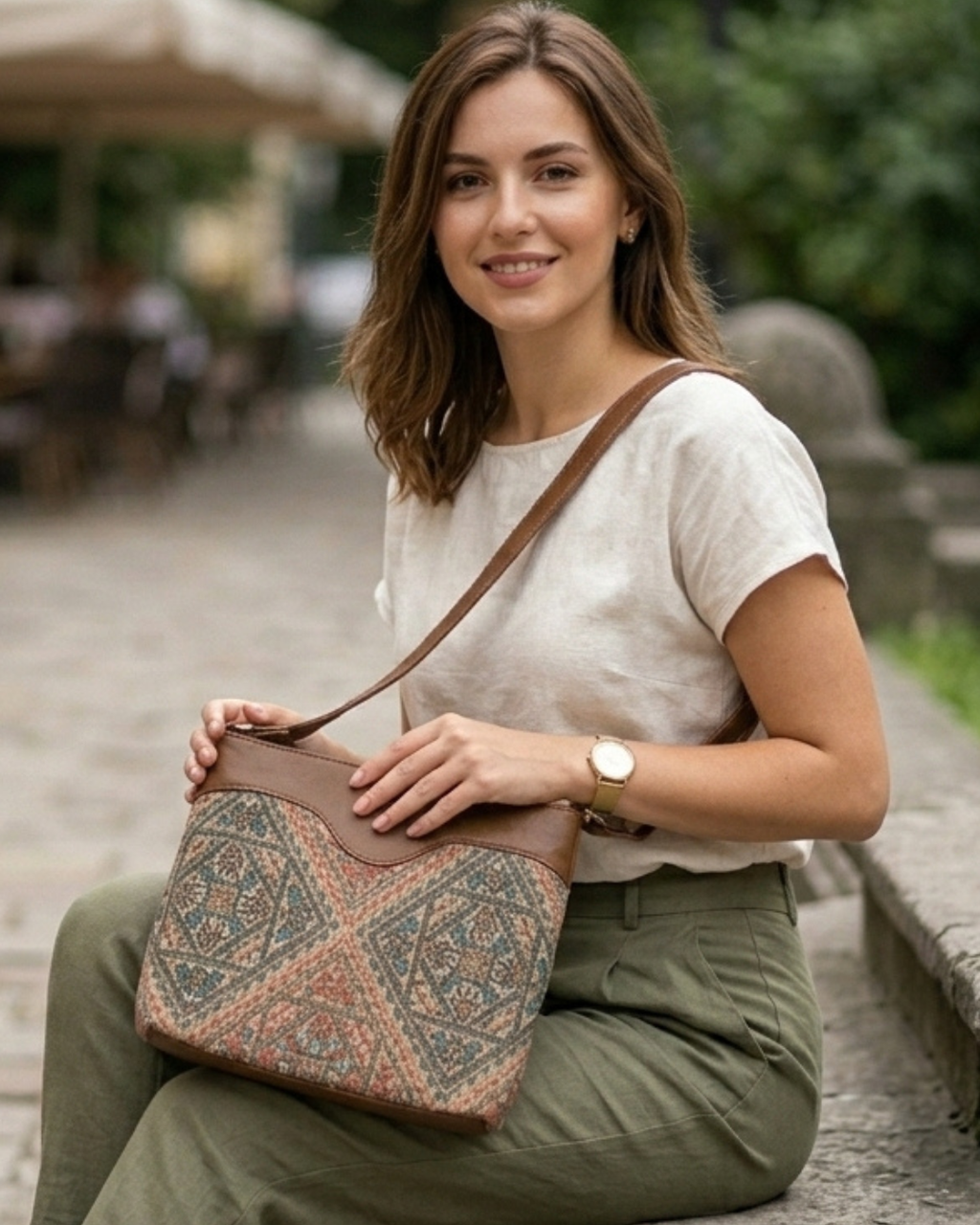 Woman sitting outdoors holding a patterned bag
