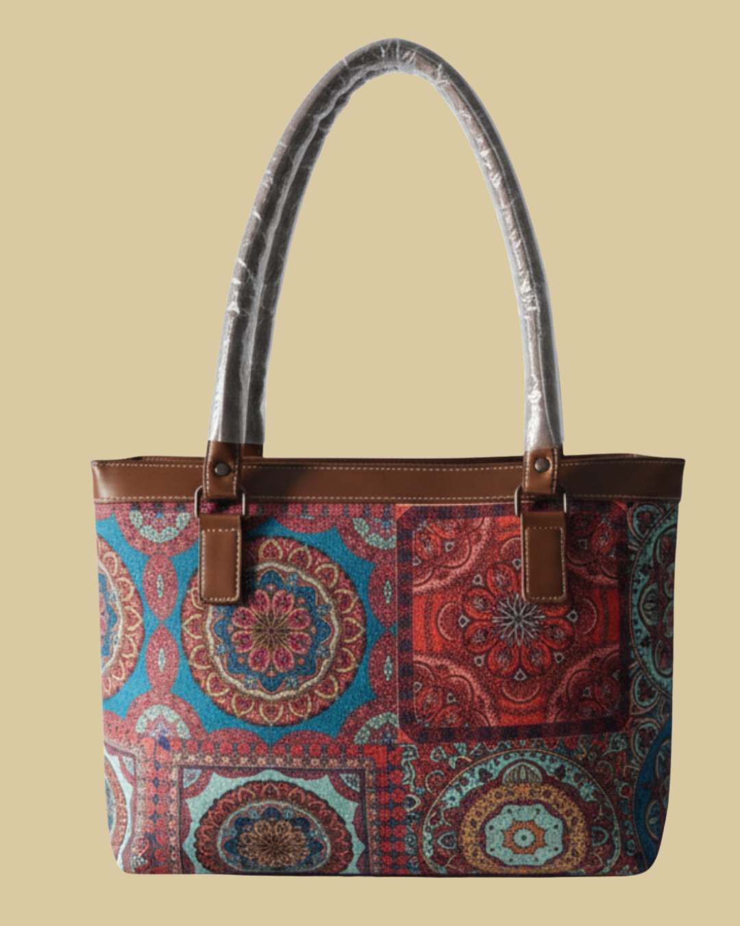 Patterned handbag with brown handles on a beige background
