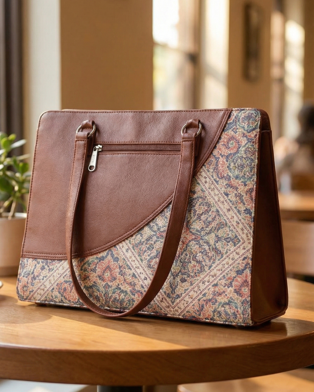 Brown leather and patterned fabric handbag on a wooden surface with a blurred indoor background