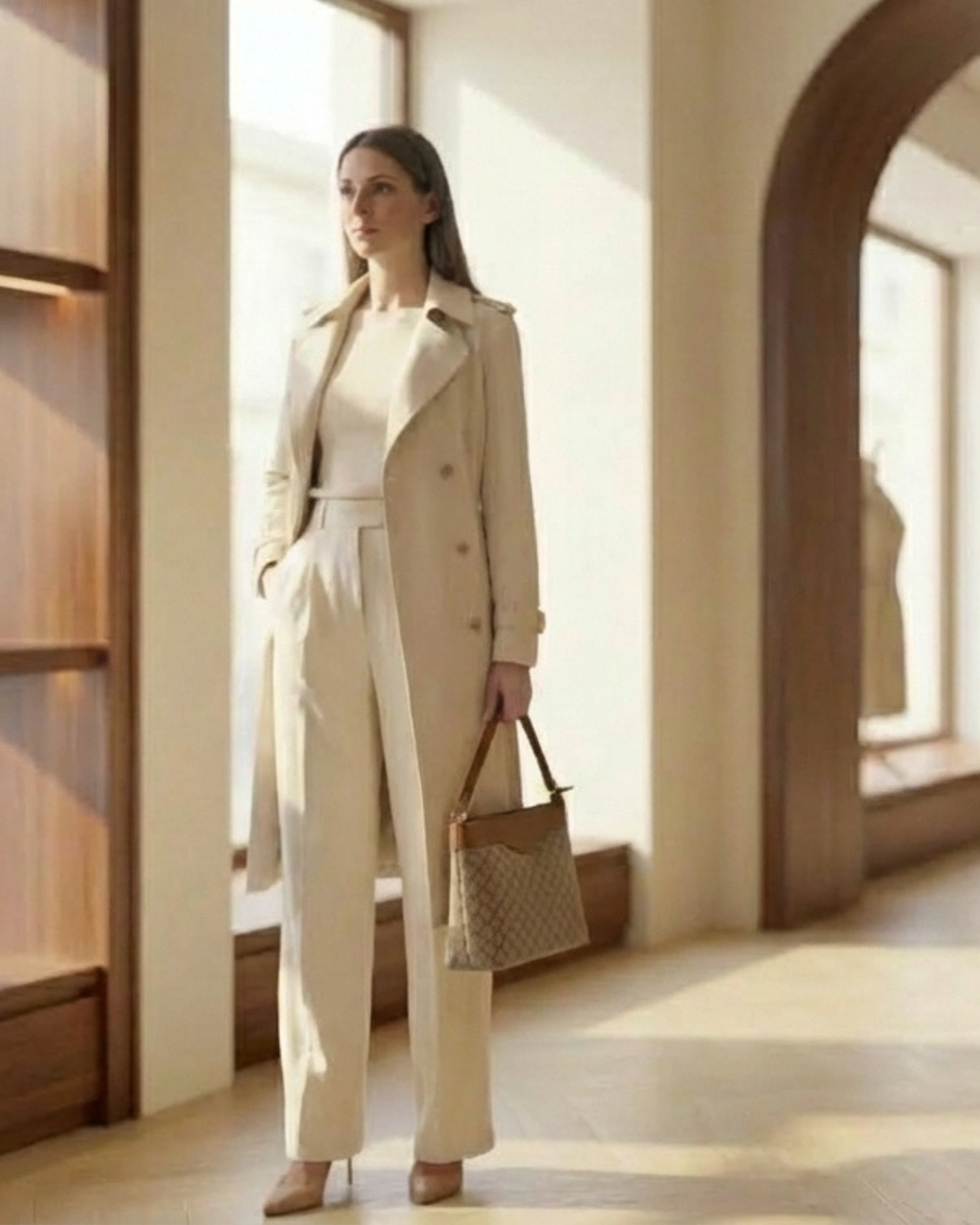 Woman in a beige trench coat and pants standing in a sunlit room with wooden floors and arches.