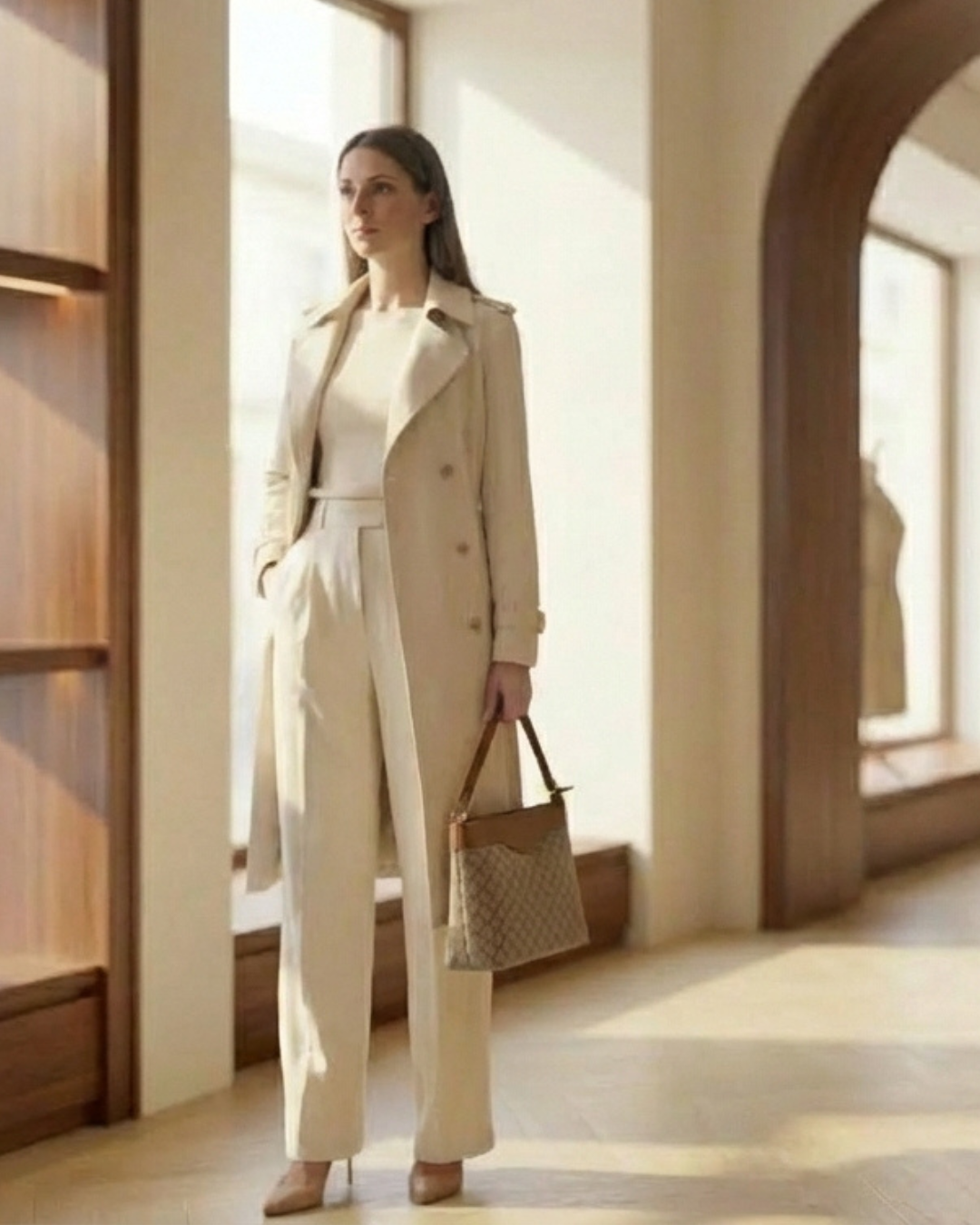 Woman in a beige trench coat and pants standing in a sunlit room with wooden floors and arches.