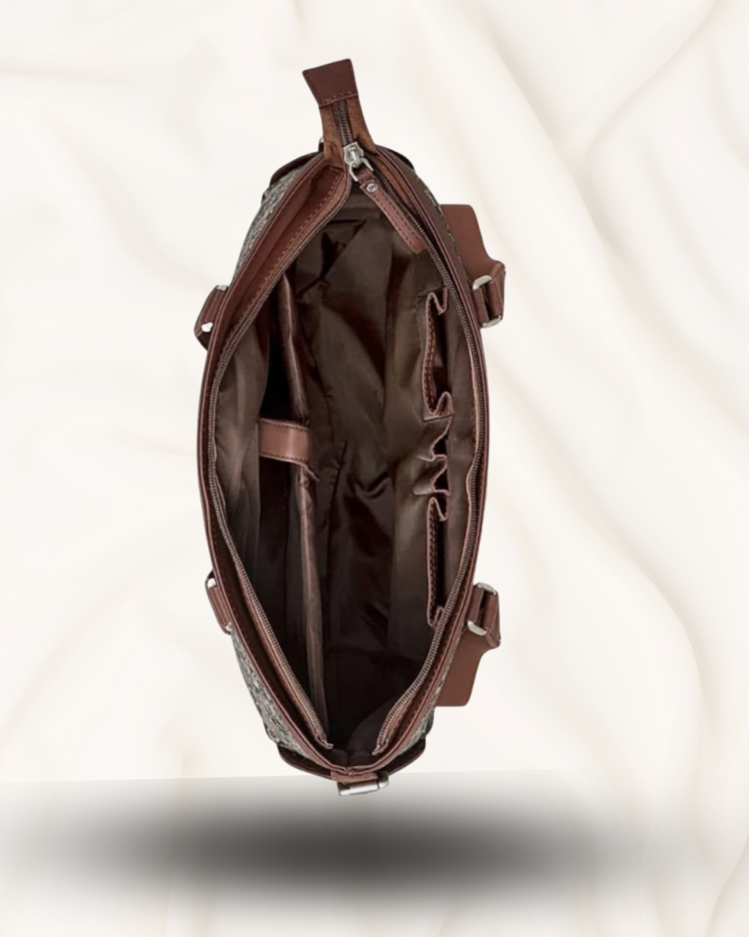 Brown leather bag with open front pocket on a white background