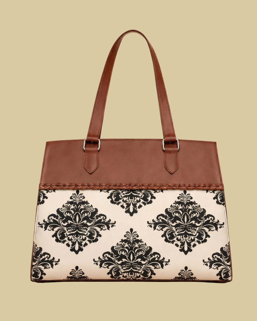 Handbag with black floral pattern on beige background