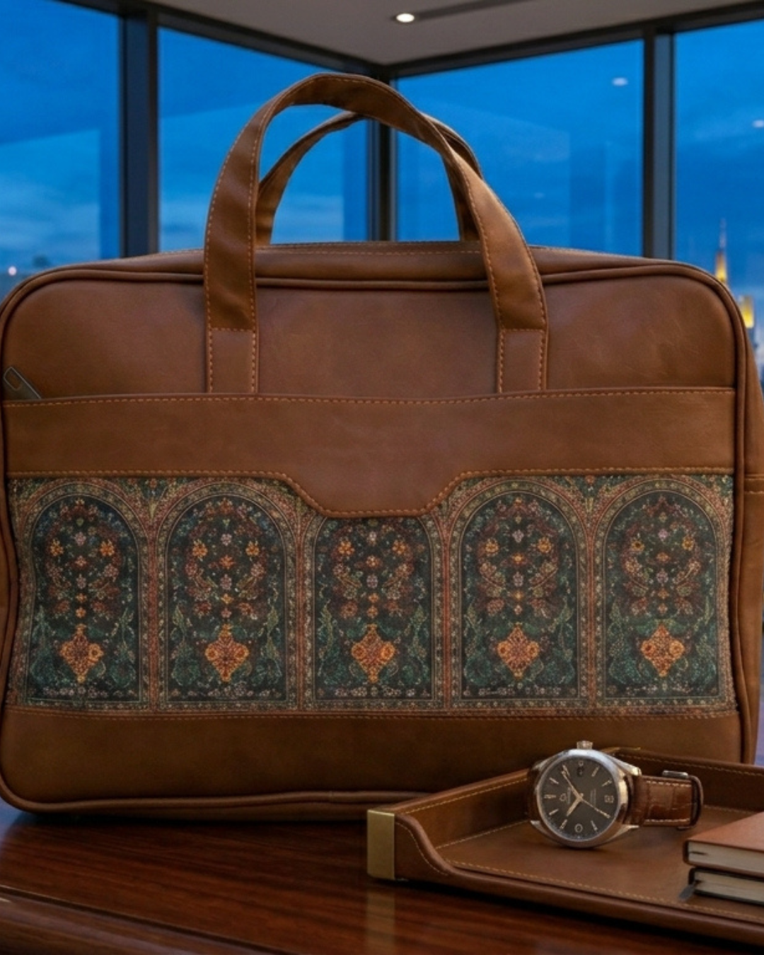 Brown leather briefcase with decorative pattern on a wooden surface with a cityscape in the background