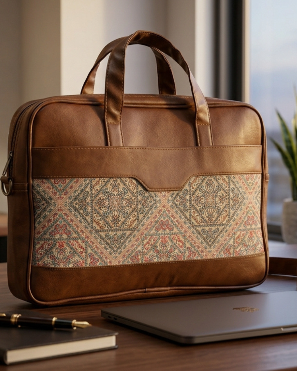 Brown leather briefcase with patterned flap on a desk