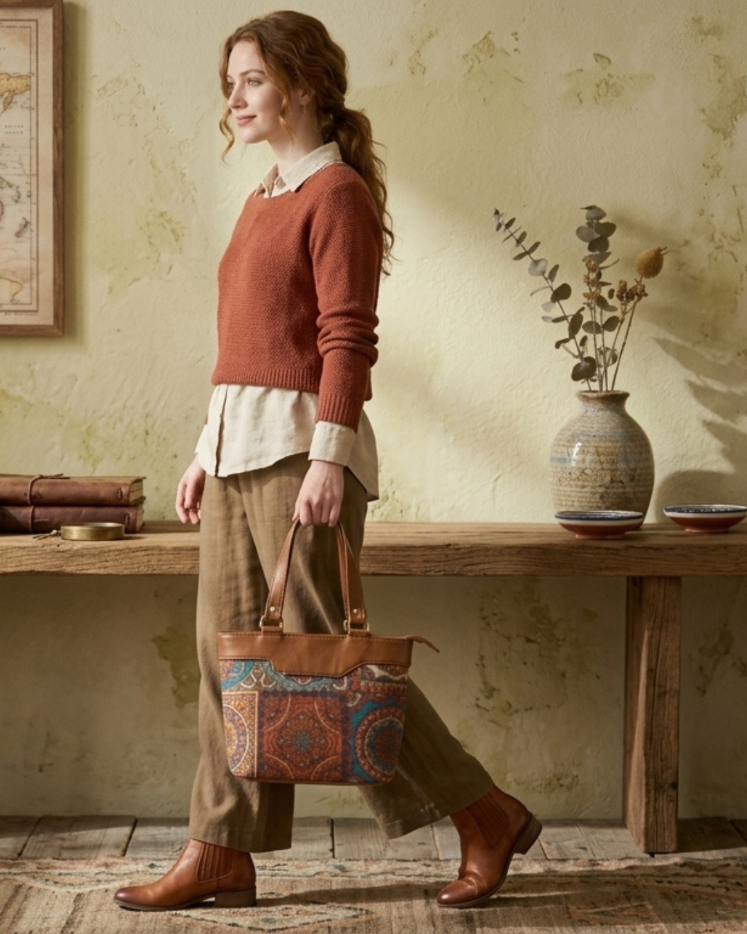 Woman holding a patterned bag in a room with wooden furniture and decorative items.