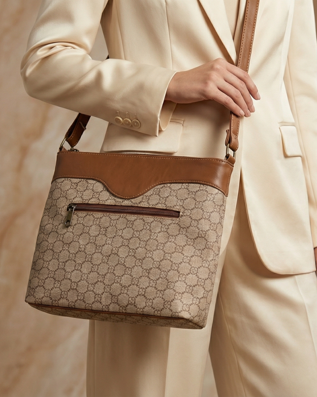 Person holding a patterned handbag with a neutral background
