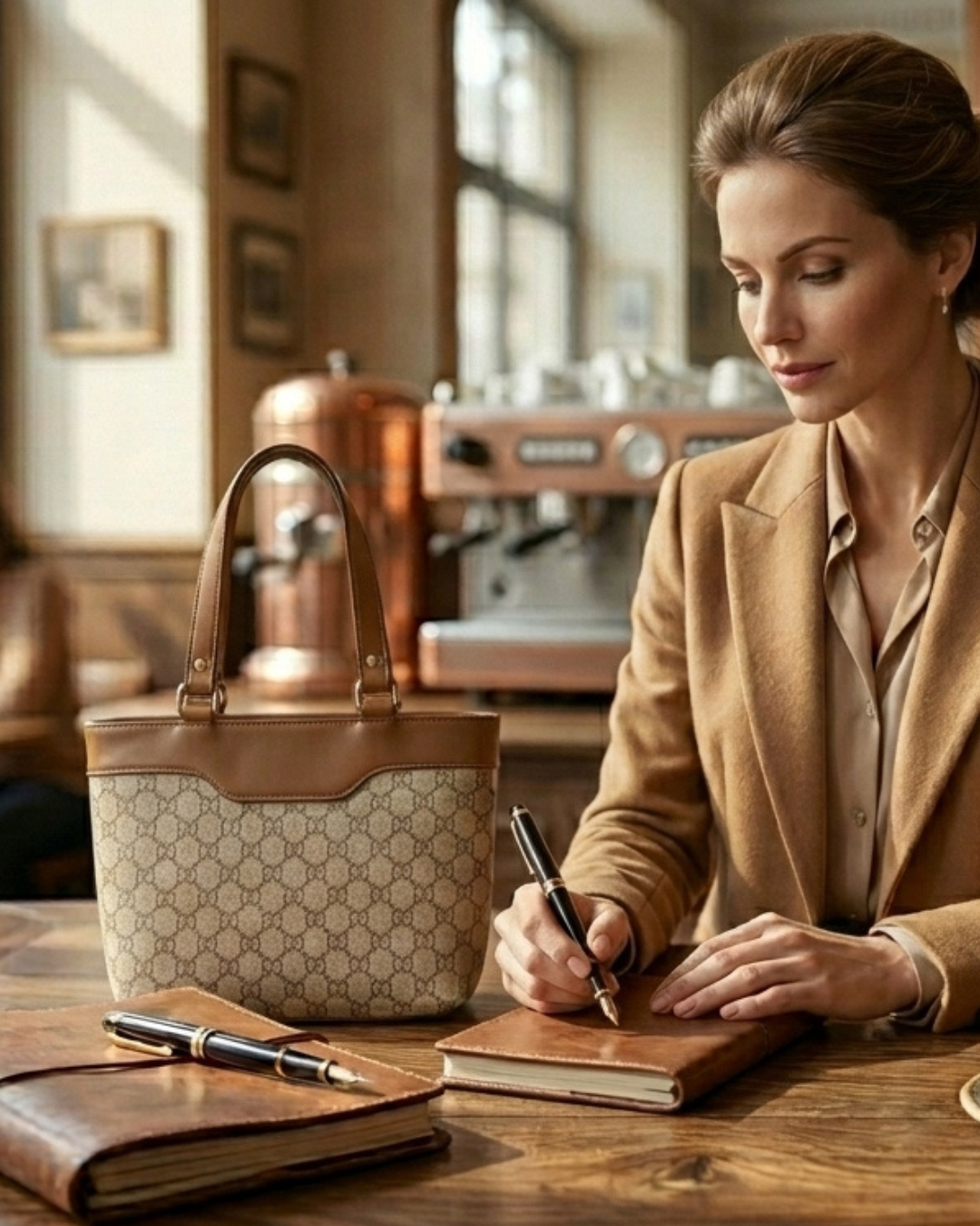 Woman writing in a notebook with a handbag and pen on a wooden table.