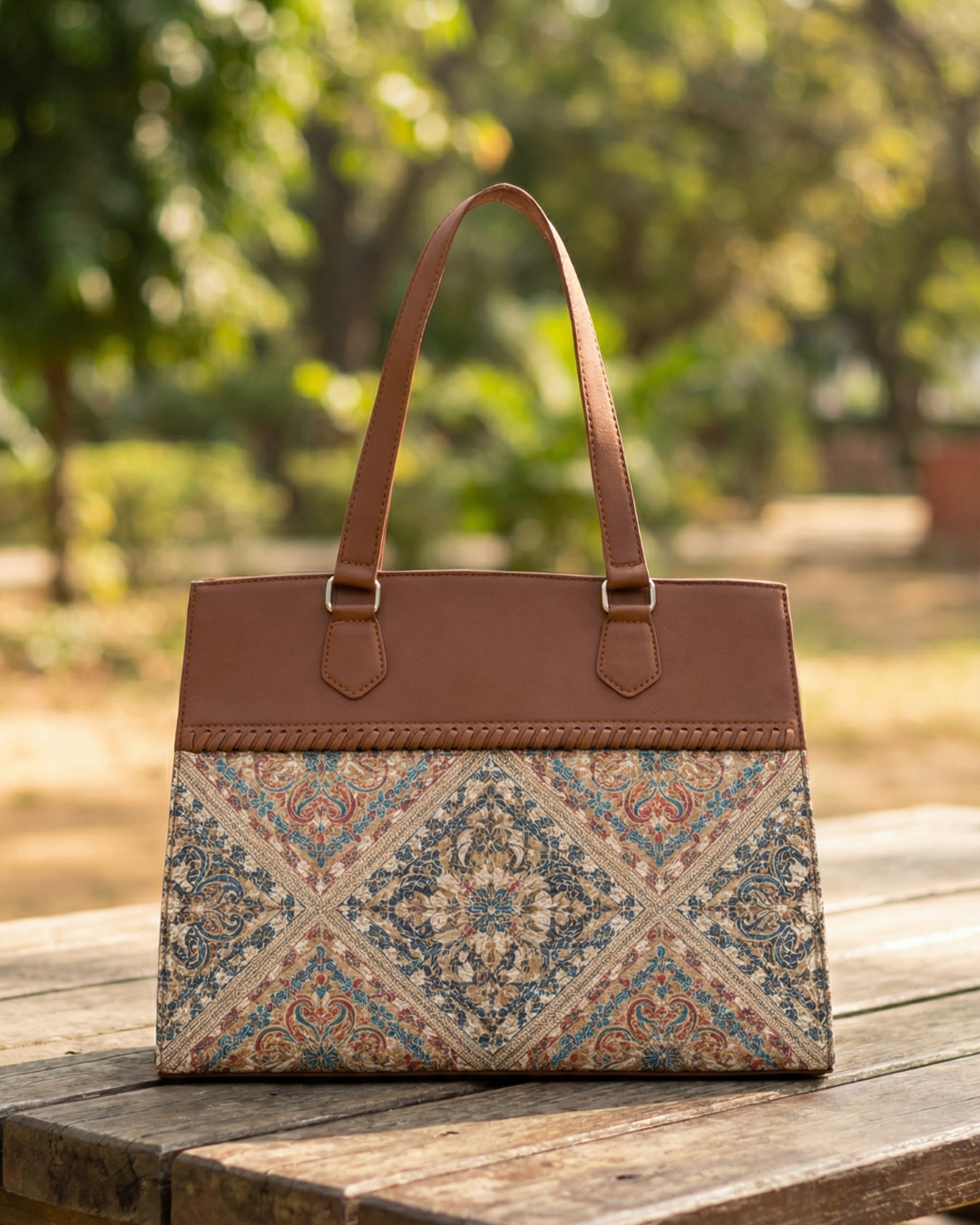 Handbag with patterned front and brown top section on a wooden surface with a blurred natural background