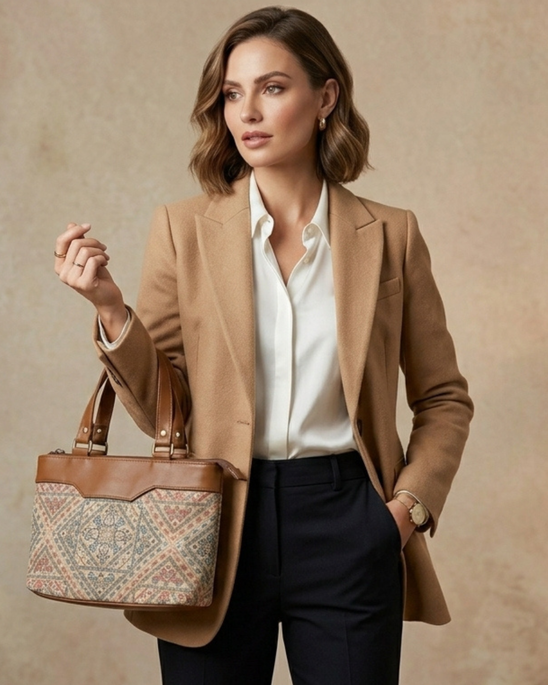 Woman in a brown blazer holding a patterned handbag against a beige background