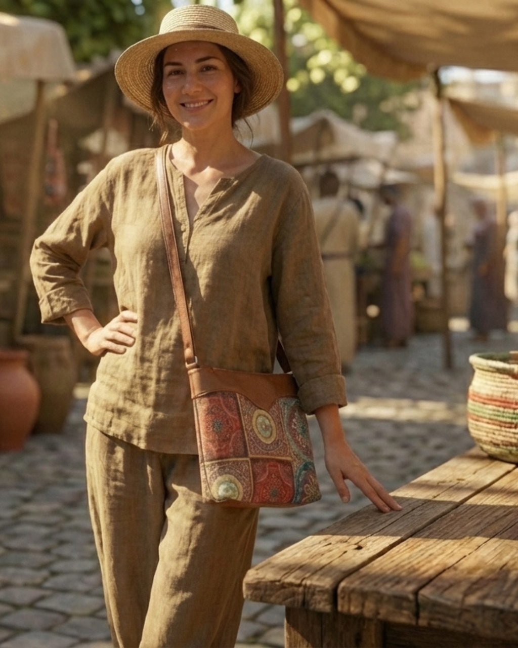 Woman in historical attire with a colorful bag in an outdoor setting