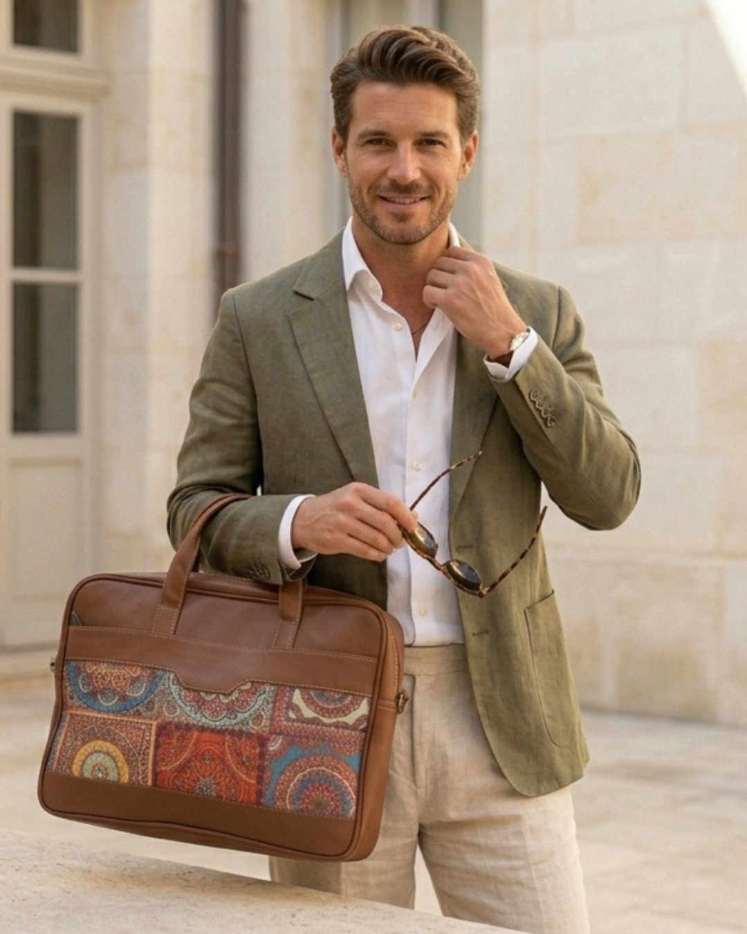Man holding a brown leather briefcase with a patterned design, wearing a green blazer and white shirt.