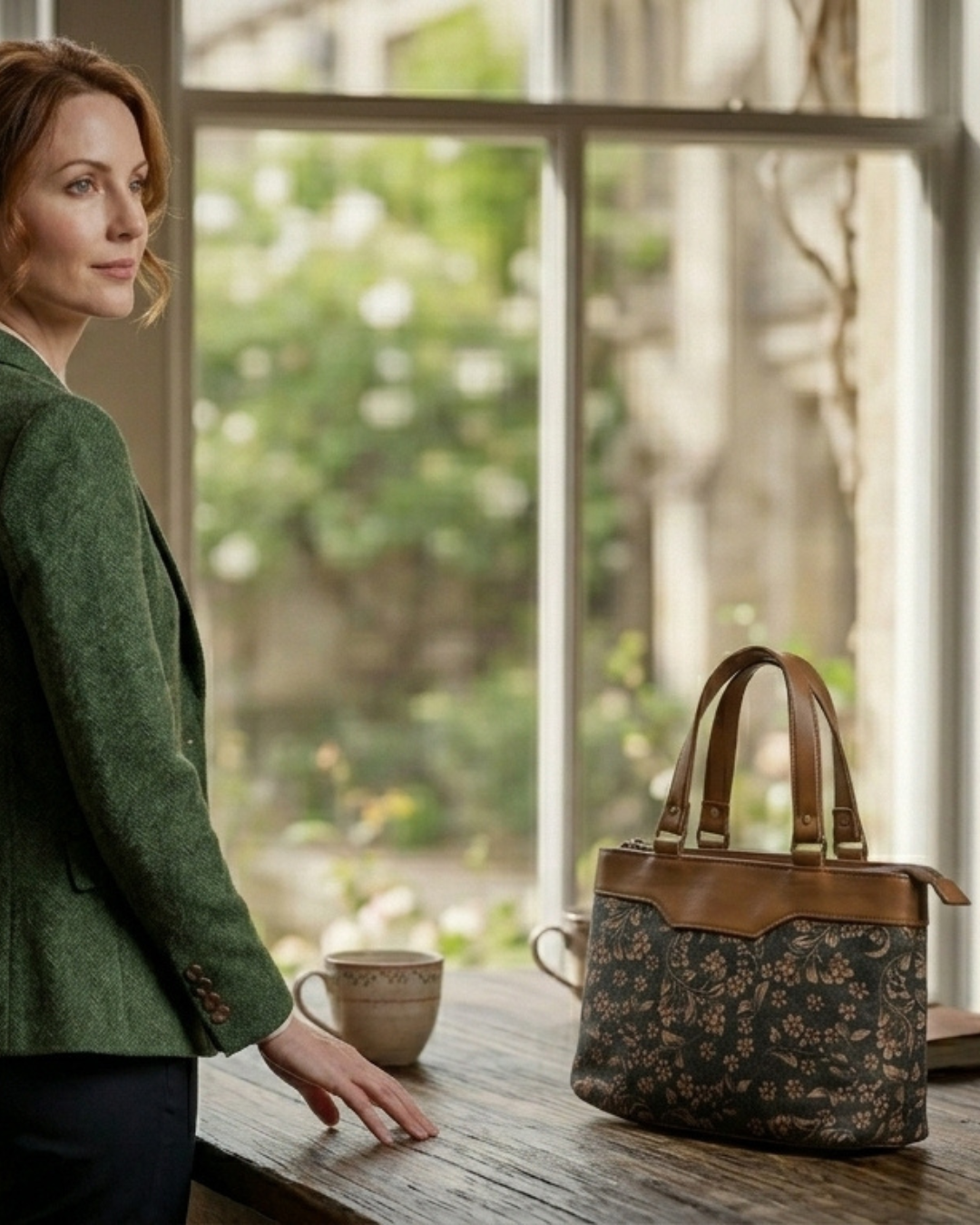 Woman standing by a window with a floral handbag on a table