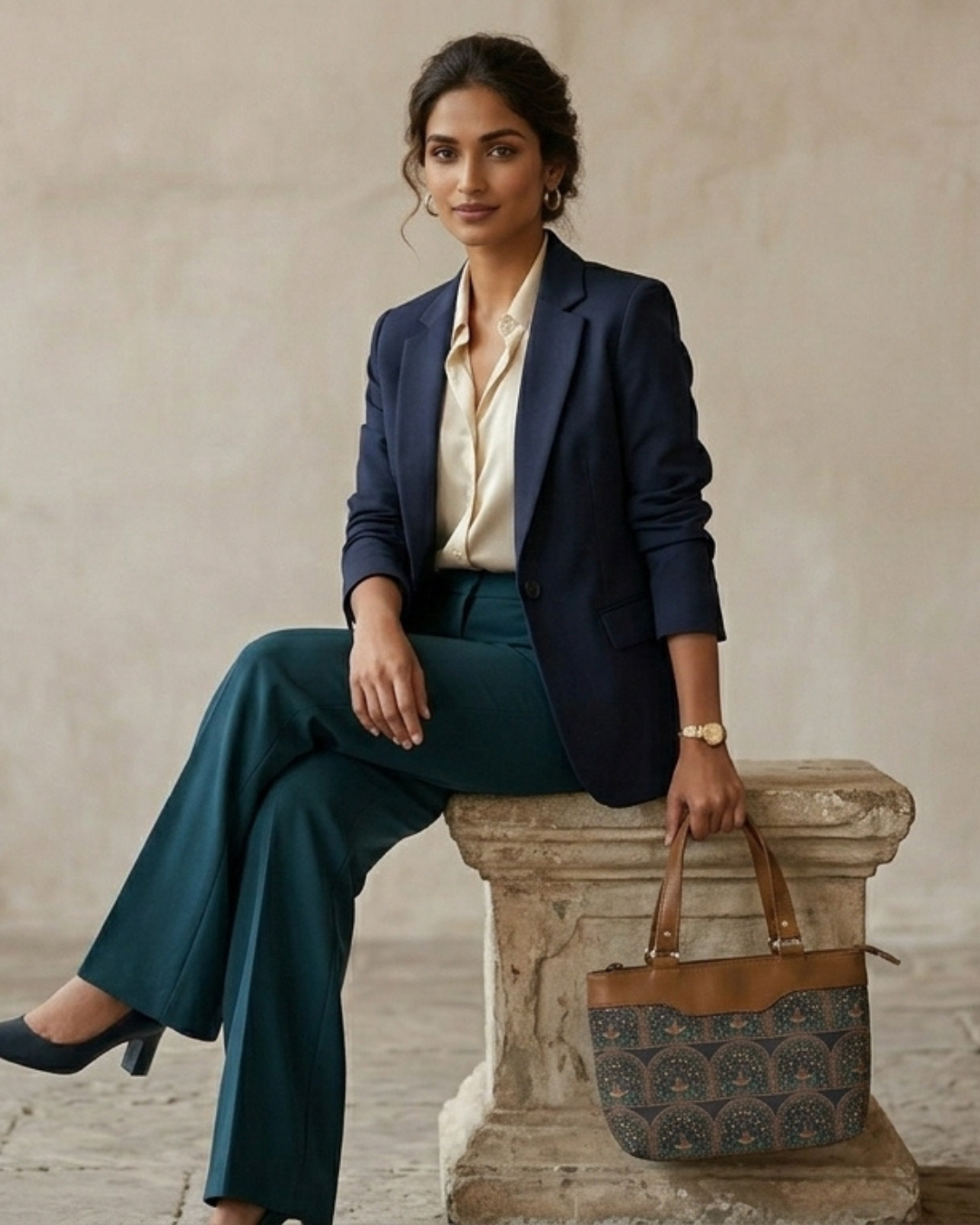 Woman in professional attire sitting on a stone pedestal with a patterned handbag.