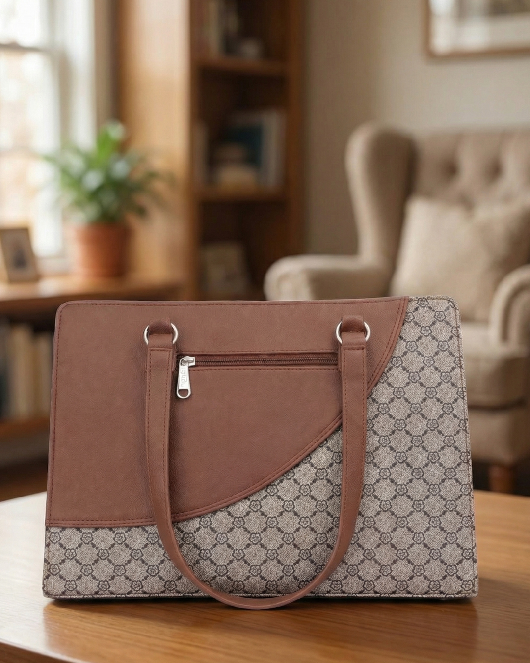Patterned bag on a wooden table with a blurred background of a room.