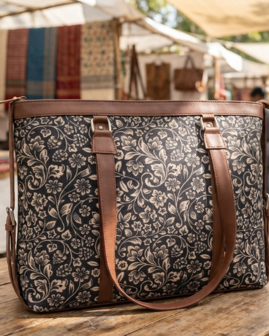 Floral-patterned bag with brown straps on a wooden surface, with blurred market background