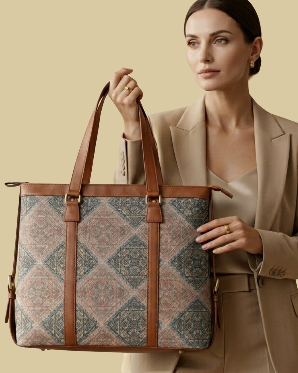 Woman holding a patterned tote bag with brown straps against a beige background
