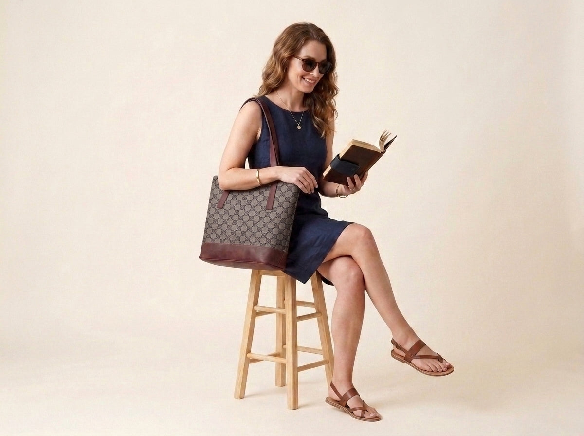 HandyJute Beige and Brown Mini Floral Pattern Tote Bag