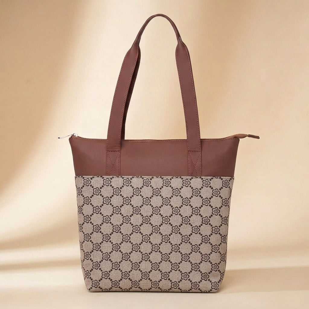 HandyJute Beige and Brown Floral Geometric Print Tote Bag with Brown Handles for Women