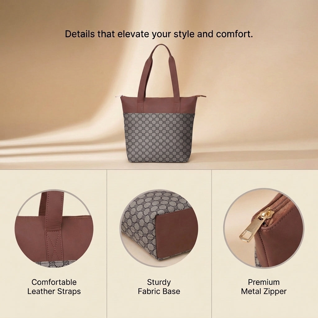 HandyJute Beige and Brown Floral Geometric Print Tote Bag with Brown Handles for Women