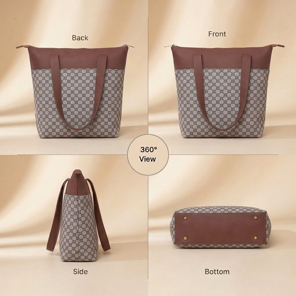 HandyJute Beige and Brown Floral Geometric Print Tote Bag with Brown Handles for Women
