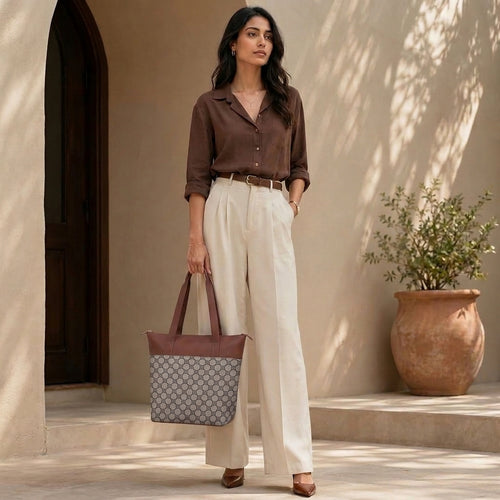 HandyJute Beige and Brown Floral Geometric Print Tote Bag with Brown Handles for Women