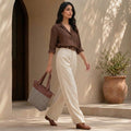 HandyJute Beige and Brown Floral Geometric Print Tote Bag with Brown Handles for Women
